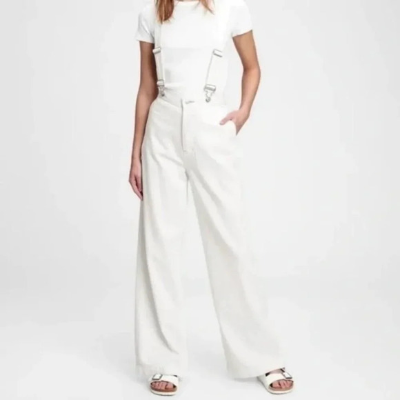 Gap White Ecru High Waist Wide-Leg Suspender Jeans With Washwell Size 16 Short - Picture 1 of 17